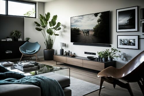 Stue med korrekt afstand mellem TV og sofa