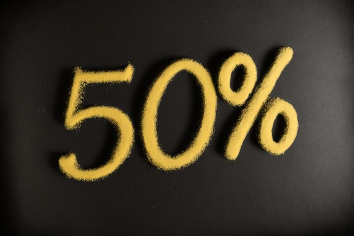 "50%" written in text on black background.