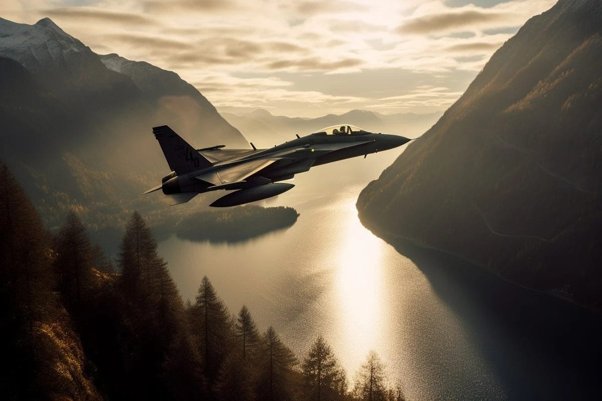 Fighter jet above fjord
