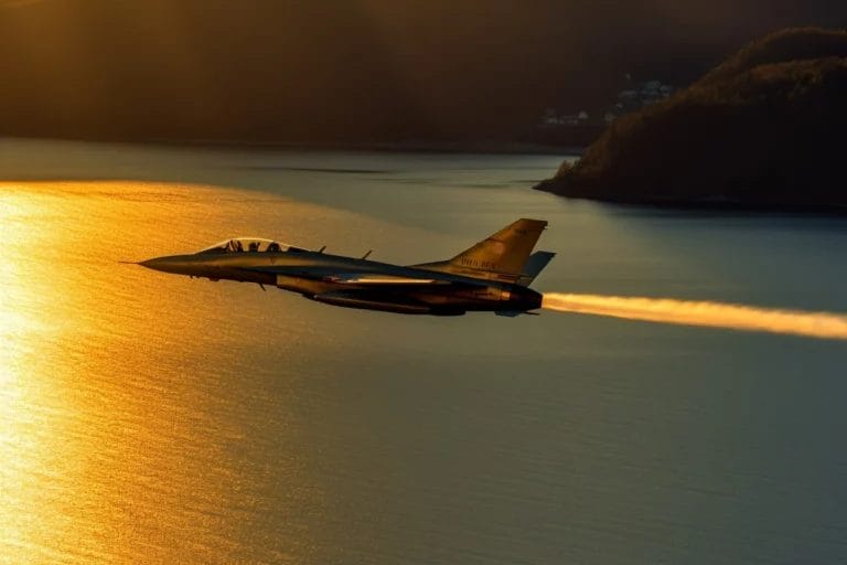Fighter jet over fjord