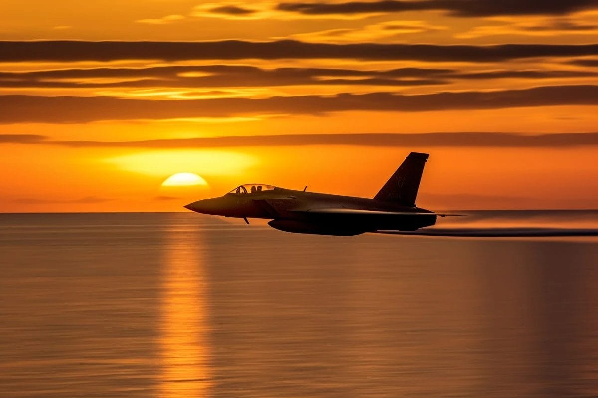 Fighter jet in sunset