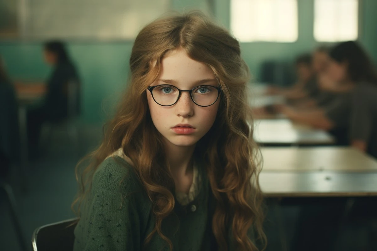 Jente med briller i klasserom.