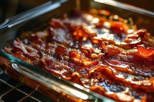 Golden oven bacon glistening with fat, cooked to perfection in a glass baking dish.