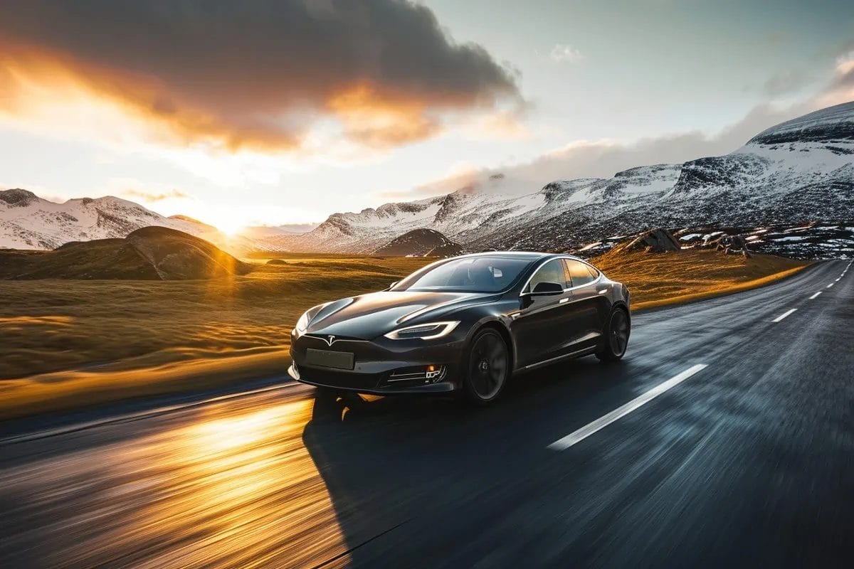 En elegant elektrisk bil kjører i høy hastighet på en fjellvei i solnedgang, med snødekte topper i bakgrunnen.