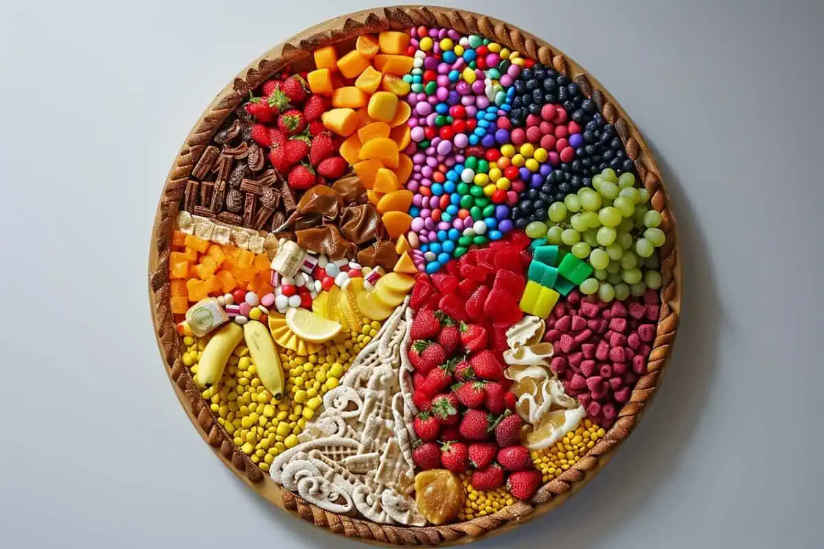 A colorful assortment of fruits and candies arranged in a pie-chart-like pattern on a round platter, visually representing percentages.
