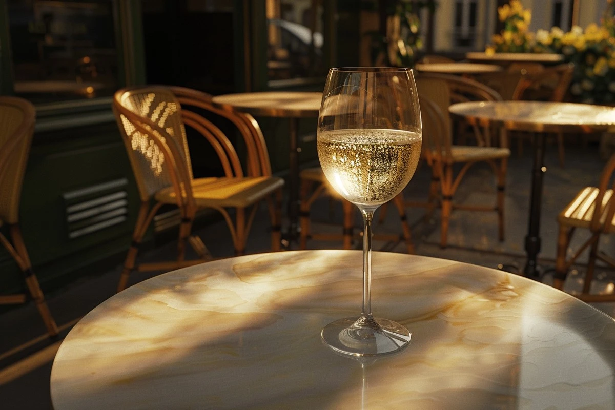Et glas mousserende hvidvin på et soloplyst marmorbord på café, med tomme stole og borde i baggrunden på en varm, solrig dag.