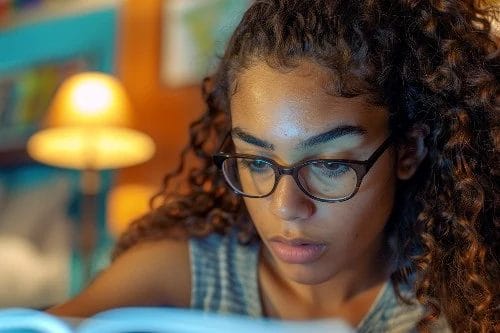 A focused student with curly hair and glasses concentrating on a math problem in a textbook.