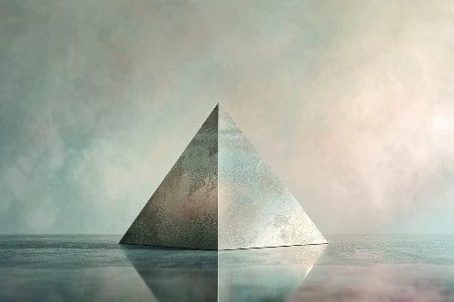 Et fredfullt bilde som viser en perfekt trekant med en teksturert overflate, plassert på en reflekterende vannflate under en mykt glødende himmel.
