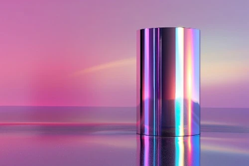 En perfekt sylinder med en høyglanset, reflekterende overflate i nyanser av rosa og lilla står på et speilende gulv med et mykt lys i bakgrunnen.