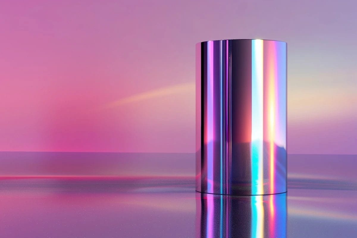 En perfekt cylinder med en højglans reflekterende overflade i nuancer af pink og lilla står på et spejlende gulv med et blødt lys i baggrunden.
