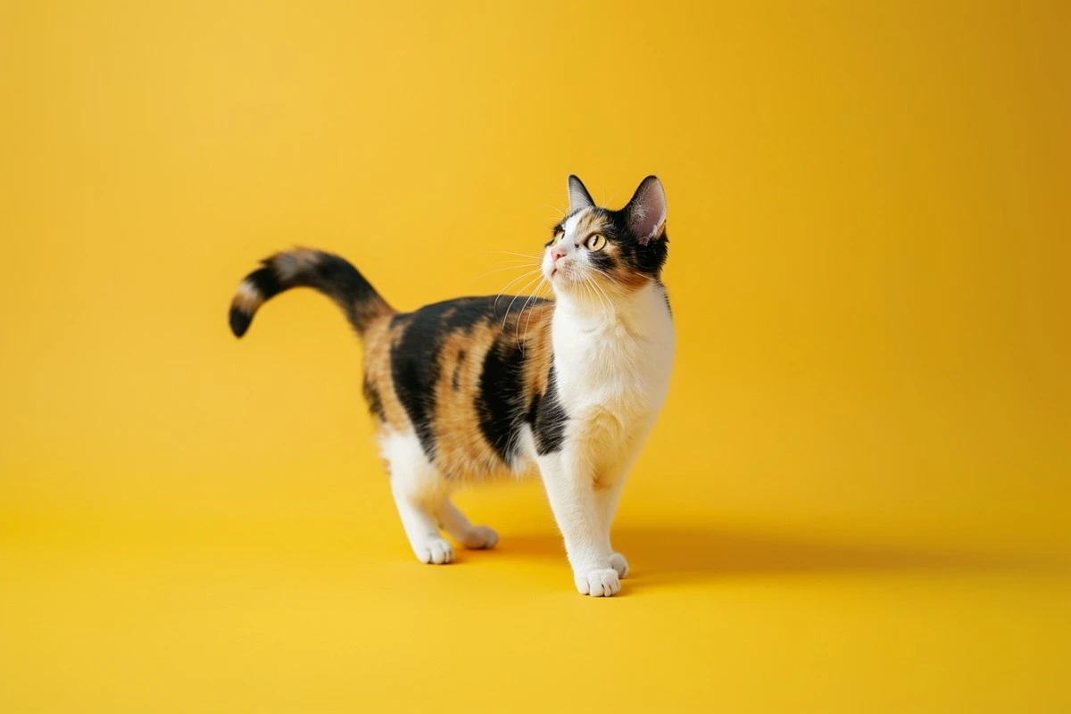 En trefarget katt med tydelige oransje, svarte og hvite flekker som ser oppover mot en gul bakgrunn.