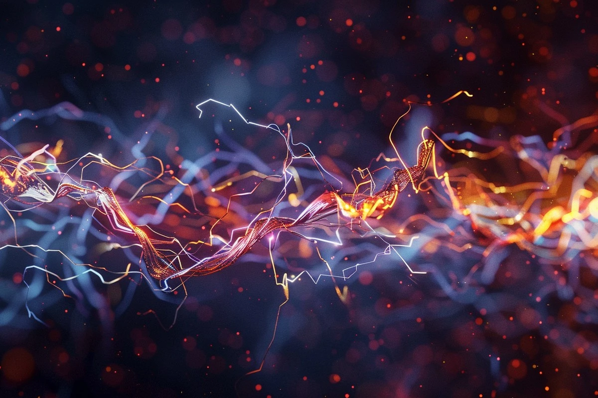 Abstract depiction of electric currents with bright, glowing lines of electricity against a dark background with red particles.