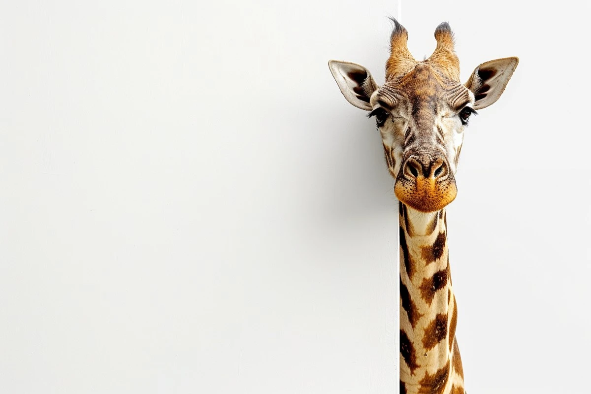 Nærbilde av en giraffs hode mot en klar bakgrunn, med fokus på de distinkte ansiktstrekkene og mønstrene.