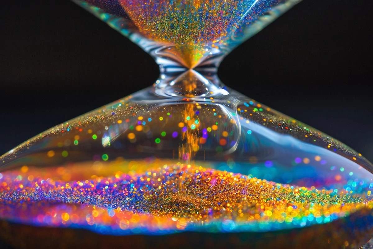 Nærbillede af et funklende timeglas med farverige glimmer, der markerer tidens gang.