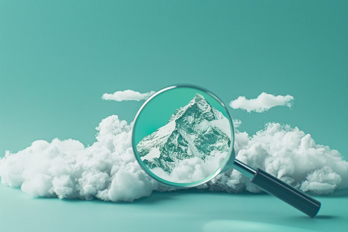 Miniatyrmodell av Mount Everest forstørret under et forstørrelsesglass blant skyer på en blågrønn bakgrunn, illustrerer geografiske trekk.