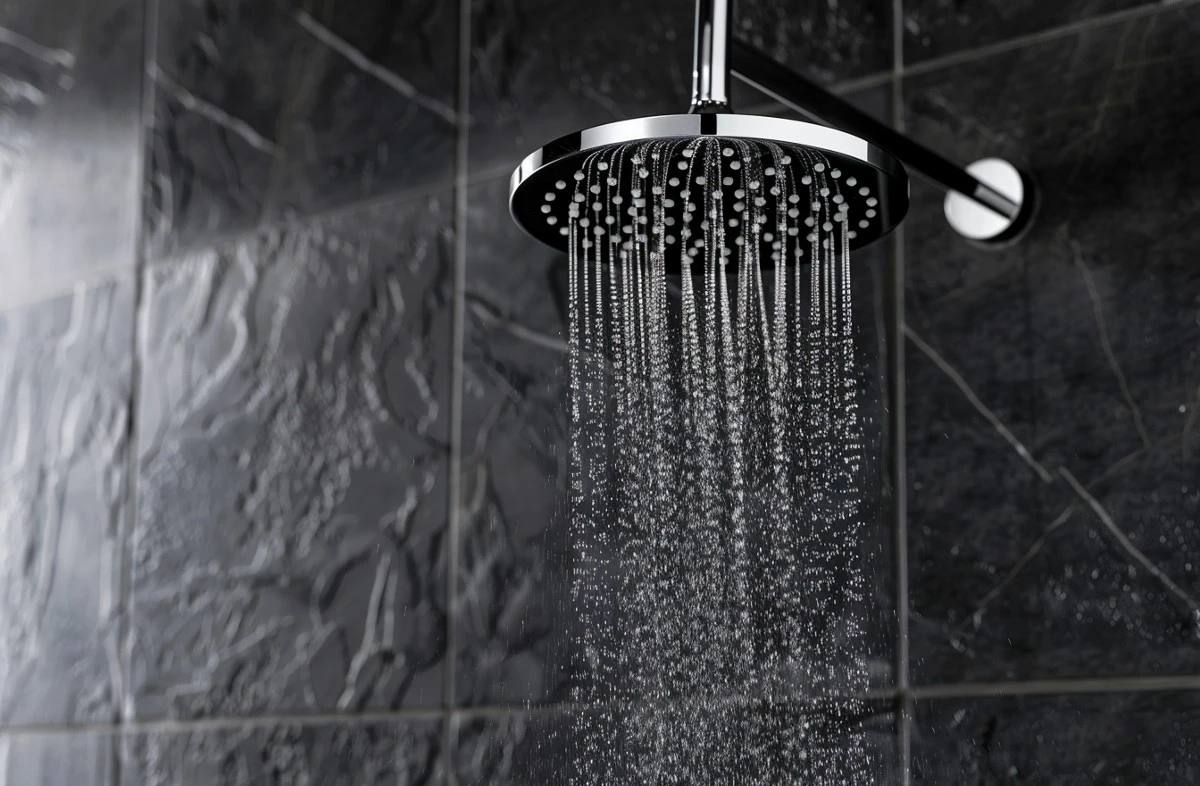 Nærbilde av et moderne dusjhode med rennende vann i et bad med mørke fliser på veggene.