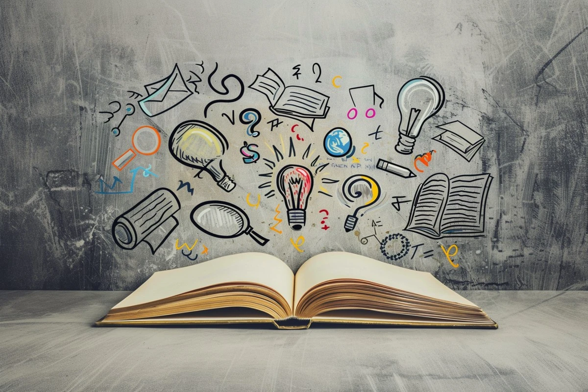 Åpen bok på et trebord med fargerike doodles av lyspærer, spørsmålstegn, bøker og forstørrelsesglass svevende over, som symboliserer et utbrudd av generell kunnskap og ideer.