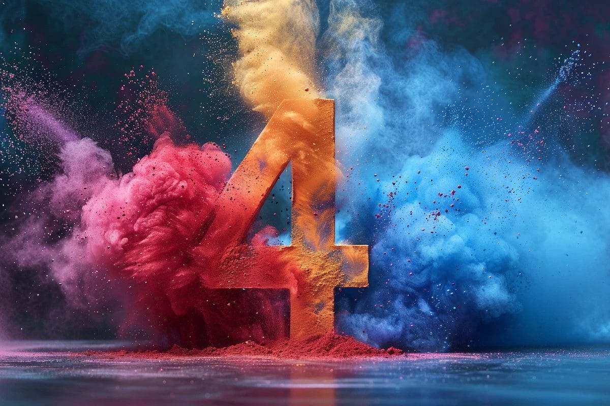 Tallet 4 formet av tett pulver i levende røde, blå og gylne farger som eksploderer i fargerike støvskyene på en mørk bakgrunn.