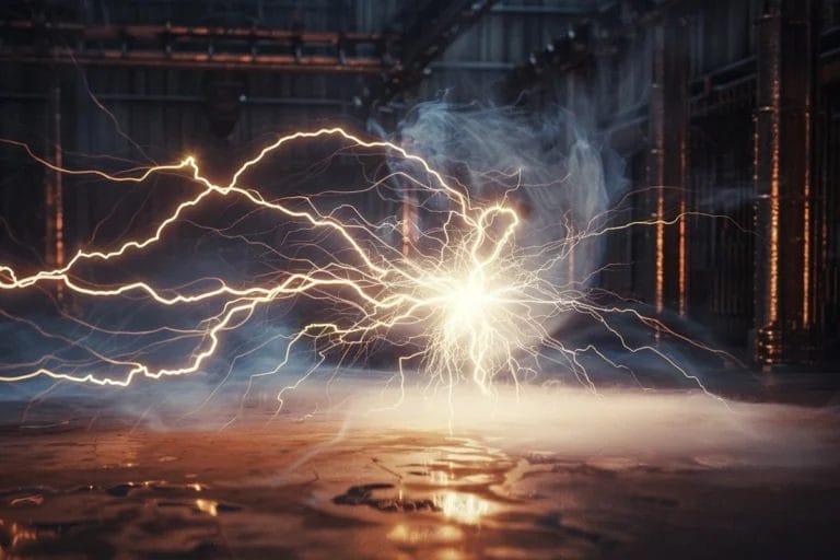A photograph of a dramatic electric discharge with bright, branching sparks in a dimly lit industrial setting.