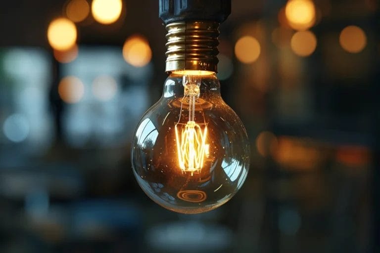 A close-up of a glowing light bulb with a visible filament against a blurred background.
