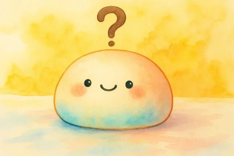 Søte Squishmallows med spørsmålstegn, akvarellstil.