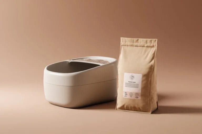 Beige litter box with cat litter and package.
