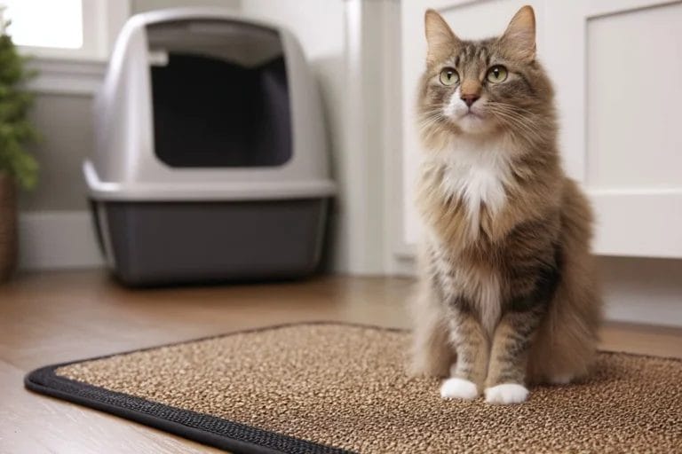 Cat posing with litter box.