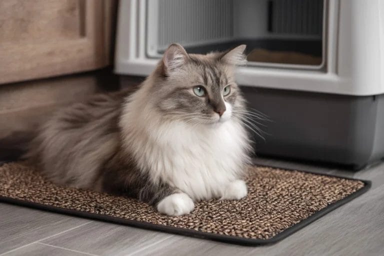 Fluffy cat sitting on textured cat litter mat.
