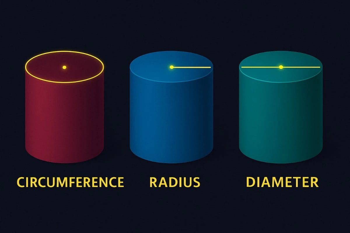 Illustration explaining circumference, radius, and diameter in a cylinder.