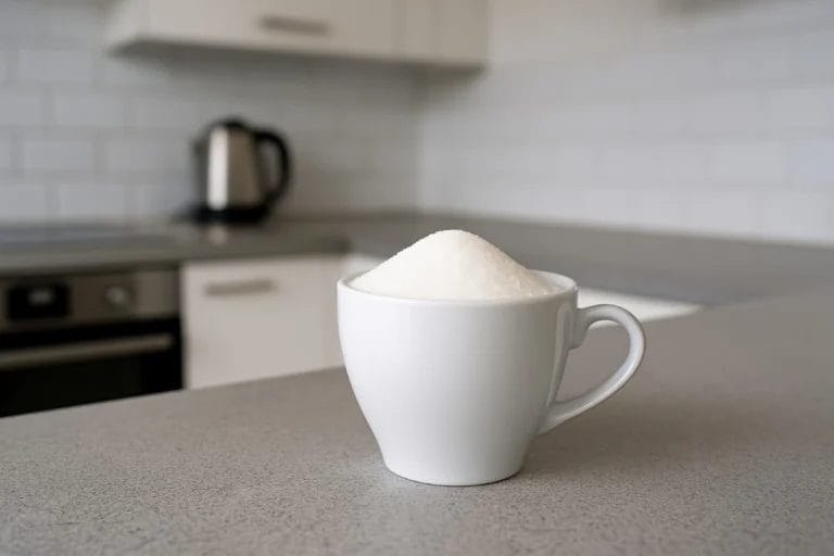 En kaffekopp fylt med sukker på en kjøkkenbenk.