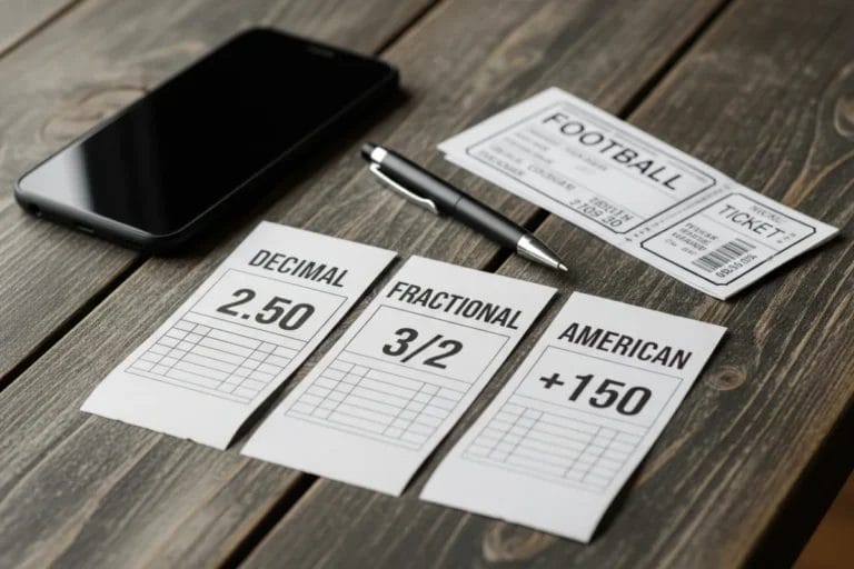 Et trebord som viser tre oddskuponger side om side. Hver kupong viser en tilsvarende odds i et annet format: 'DESIMAL 2.50', 'BRØK 3/2' og 'AMERIKANSK +150'. En smarttelefon, en penn og en fotballbillett ligger ved siden av kupongene.