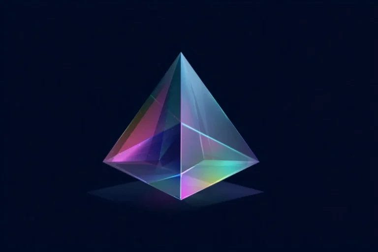 A vertically oriented crystal bipyramid refracting light, creating vibrant, glowing patterns of pink, turquoise, and purple against a dark blue background with a subtle reflection.